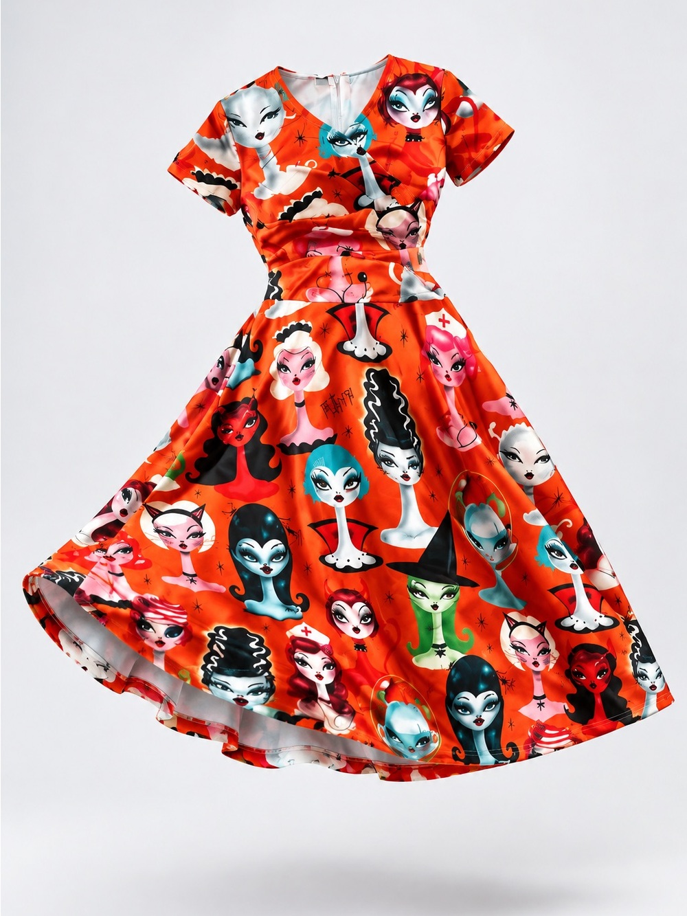 Women's V-Neck Orange Print Casual Dress